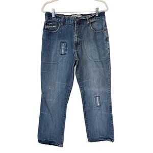 Y2K Paco Straight Leg Jeans Size 32x32 Blue Distressed Denim Patchwork Detail